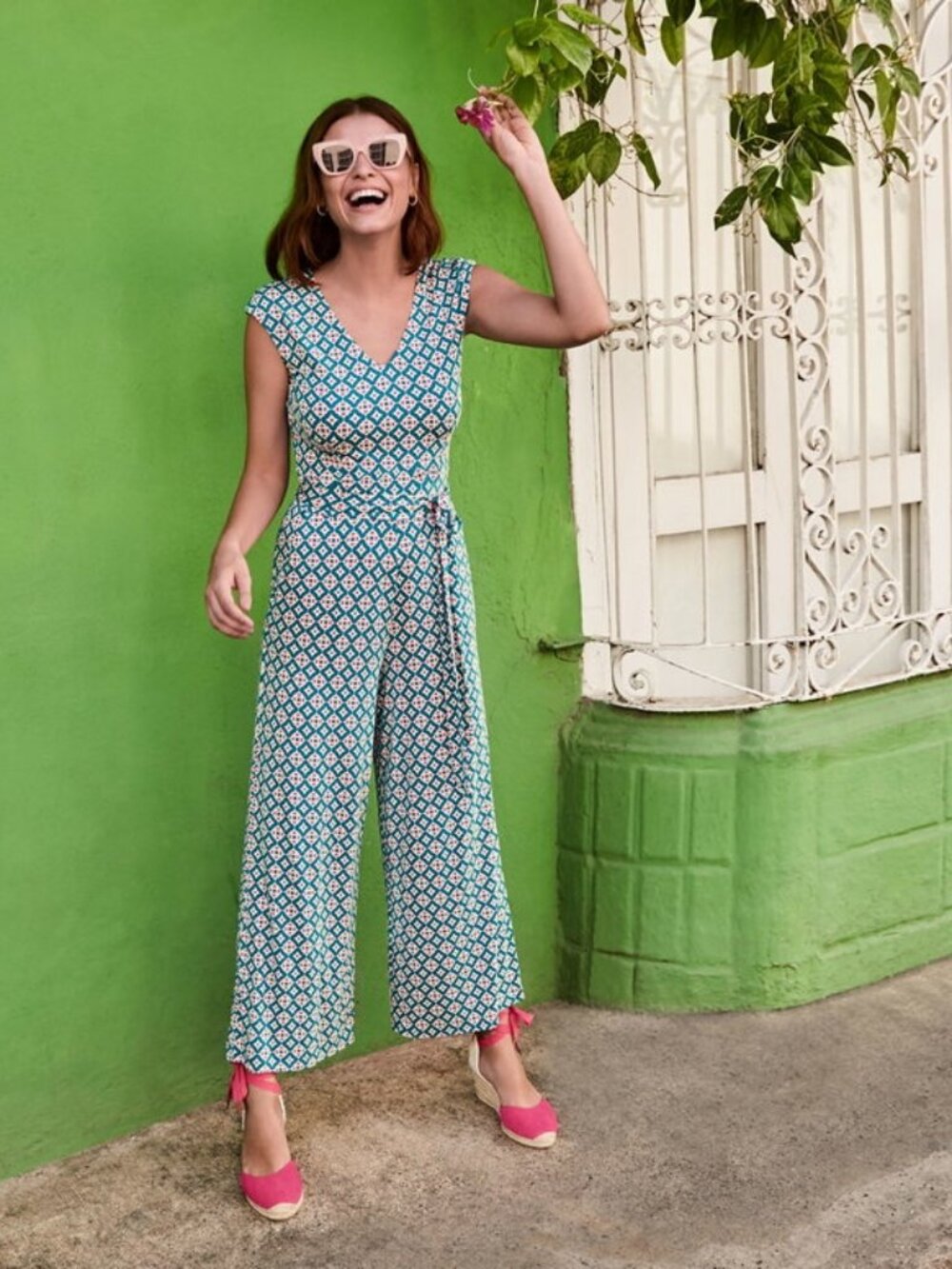 Boden Corinne Jersey Jumpsuit Teal Pink, Size 8T